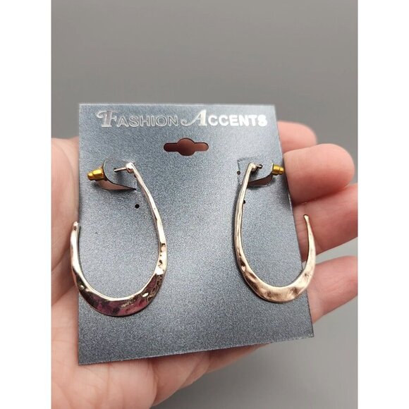 Rose Gold Hammered Hoop Earrings – Fashion Jewelry Statement Post Back New - Picture 6 of 7